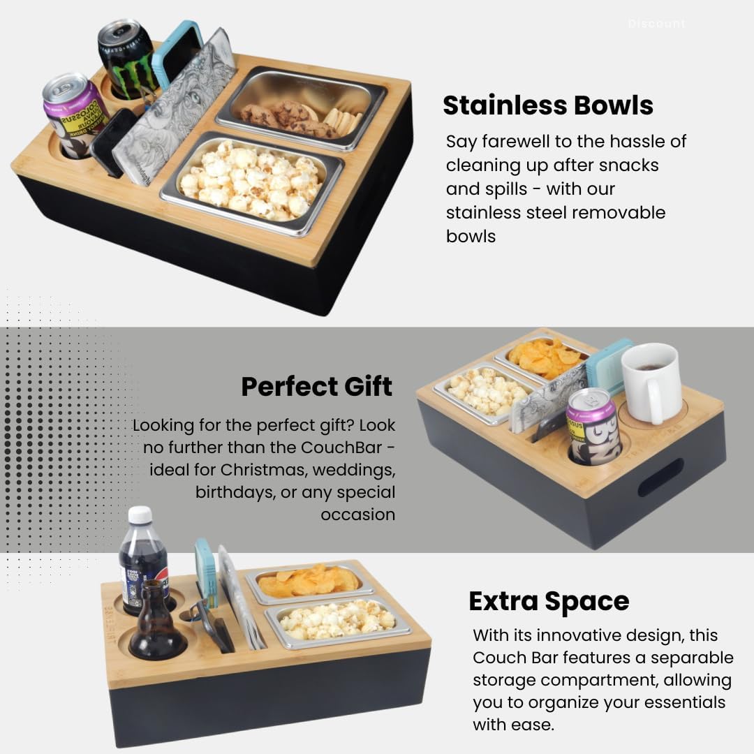 Triple K&S Wooden Couchbar Organizer with Stainless Steel Snackbox - Snackbar