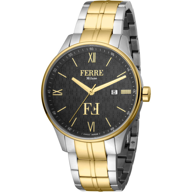 Ferrè Milano Gent watch Men's watch Quartz watch Analog watch Date watch Stainless steel watch Yellow gold watch Black dial watch Metal bracelet watch Swiss-made movement Fashion watch Sophisticated watch Classic watch Versatile watch Warm and cool toned contrast Masculine look