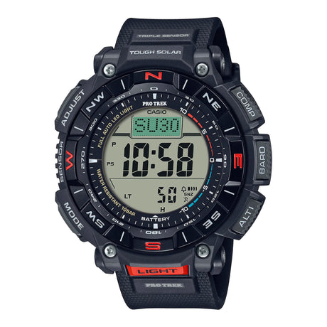 Casio Pro-Trek watch Men's watch Military watch Outdoor watch Digital watch Altimeter watch Barometer watch Compass watch Thermometer watch Resin watch Black watch Triple Sensor Technology Day date watch Stopwatch watch Alarm watch Timer watch Multiple time zones Illuminator watch Power reserve indicator