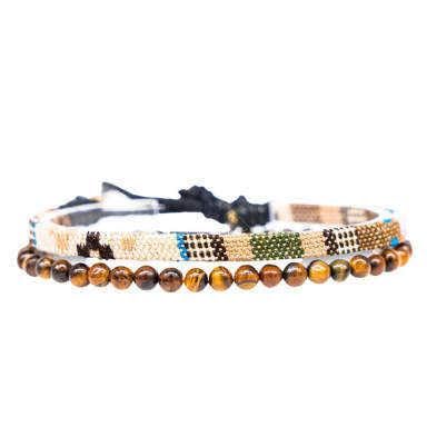 Beaded Set of 2 Surfer Bracelets Men & Women • 100% Waterproof & Handmade • Beaded Bracelet Boho Fabric Bracelet • Hippie Summer Beach Jewelry • Friendship Bracelets for Him & Her (Safari & Tiger Eye)