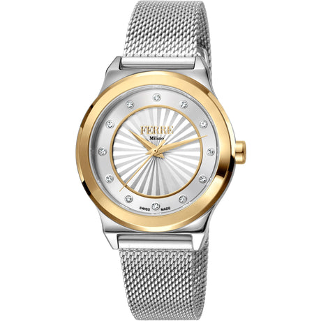 Ferrè Milano Lady watch Women's watch Quartz watch Analog watch Stainless steel watch  pen_spark Yellow gold watch Silver grey dial watch Metal bracelet watch Swiss-made movement Fashion watch Sophisticated watch Classic watch Unique watch Modern twist Warm and cool toned contrast Balanced design