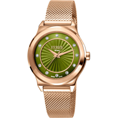 Ferrè Milano Lady watch Women's watch Quartz watch Analog watch Stainless steel watch Rose gold watch Green dial watch Metal bracelet watch Swiss-made movement Fashion watch Sophisticated watch Classic watch Monochromatic watch Rose gold tone Modern vibrancy Green hue Timeless elegance