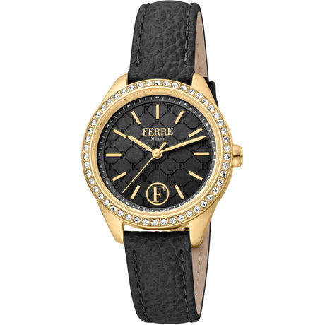 Ferrè Milano Lady watch Women's watch Quartz watch Analog watch Stainless steel watch Yellow gold watch Black dial watch Leather strap watch Swiss-made movement Fashion watch Sophisticated watch Classic watch Bold watch Statement piece Modern edge Black and gold contrast