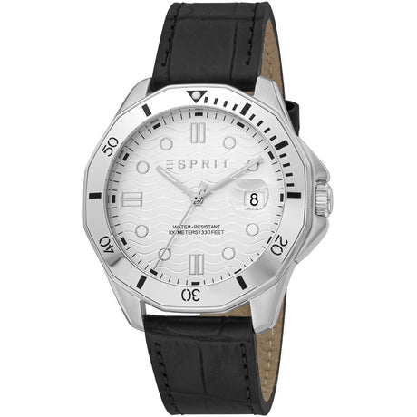 Men's wristwatch Esprit Stainless steel case Leather strap Quartz movement Analog dial with logo 3 hands Buckle clasp Durable Comfortable Easy to read Functional Stylish Everyday wear 10 ATM water resistant Date indicator