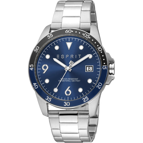 Men's wristwatch Esprit Stainless steel (case & strap) Quartz movement Analog dial with logo 3 hands Deployment clasp Mineral glass 43mm case size Date indicator 10 ATM water resistant Durable Comfortable Easy to read Functional Stylish Everyday wear Sporty