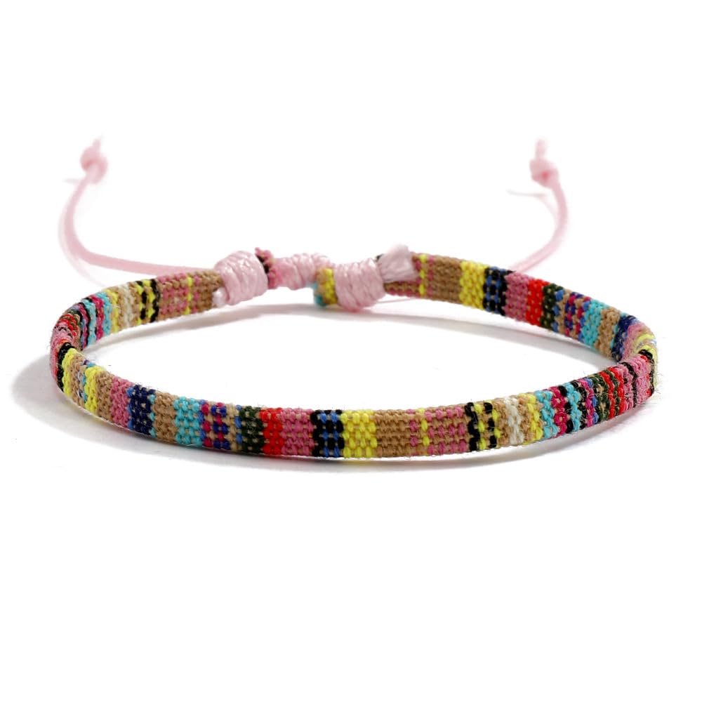 Triple k&s Boho Surfer Bracelet Men & Women - Handmade Beach Festival Accessories - Aztec Ribbon Ethnic Style - Men Women Beaded Bracelet - 100% Waterproof (Light Pink & Pastel Stripes)