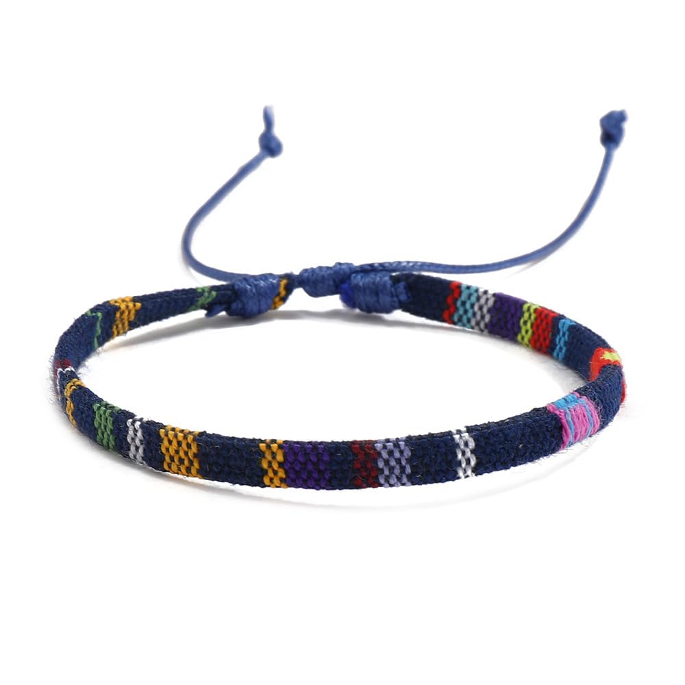 Triple k&s Boho Surfer Bracelet Men & Women - Handmade Beach Festival Accessories - Aztec Ribbon Ethnic Style - Men Women Beaded Bracelet - 100% Waterproof (Blue & Dark Stripes)