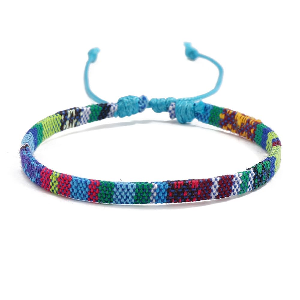 Triple k&s Boho Surfer Bracelet Men & Women - Handmade Beach Festival Accessories - Aztec Ribbon Ethnic Style - Men Women Beaded Bracelet - 100% Waterproof (Turquoise & Rainbow Stripes)