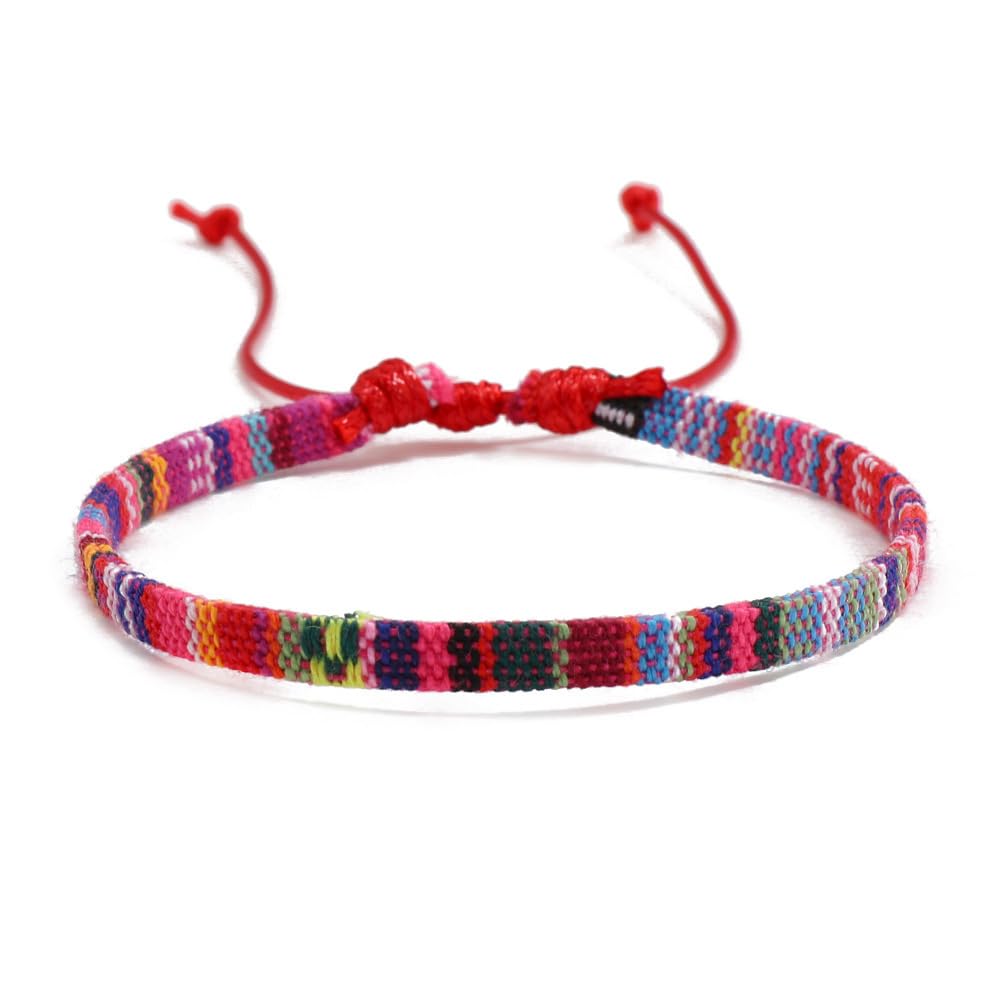 Triple k&s Boho Surfer Bracelet Men & Women - Handmade Beach Festival Accessories - Aztec Band Ethnic Style - Men Women Beaded Bracelet - 100% Waterproof (Red & Multicolor Stripes)