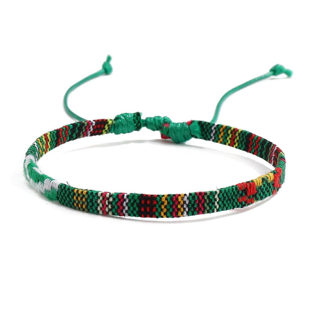 Triple k&s Boho Surfer Bracelet Men & Women - Handmade Beach Festival Accessories - Aztec Ribbon Ethnic Style - Men Women Beaded Bracelet - 100% Waterproof (Green & Red Stripes)