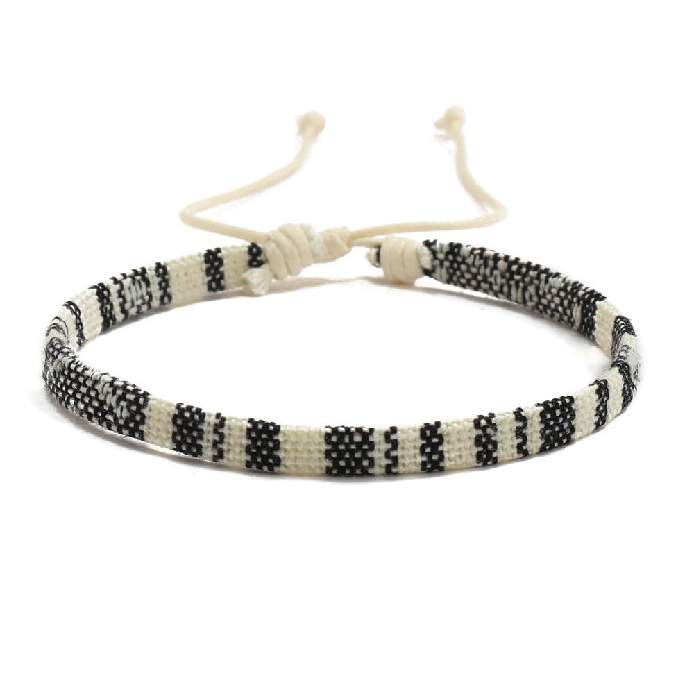 Triple k&s Boho Surfer Bracelet Men & Women - Handmade Beach Festival Accessories - Aztec Ribbon Ethnic Style - Men Women Beaded Bracelet - 100% Waterproof (White & Black Stripes)