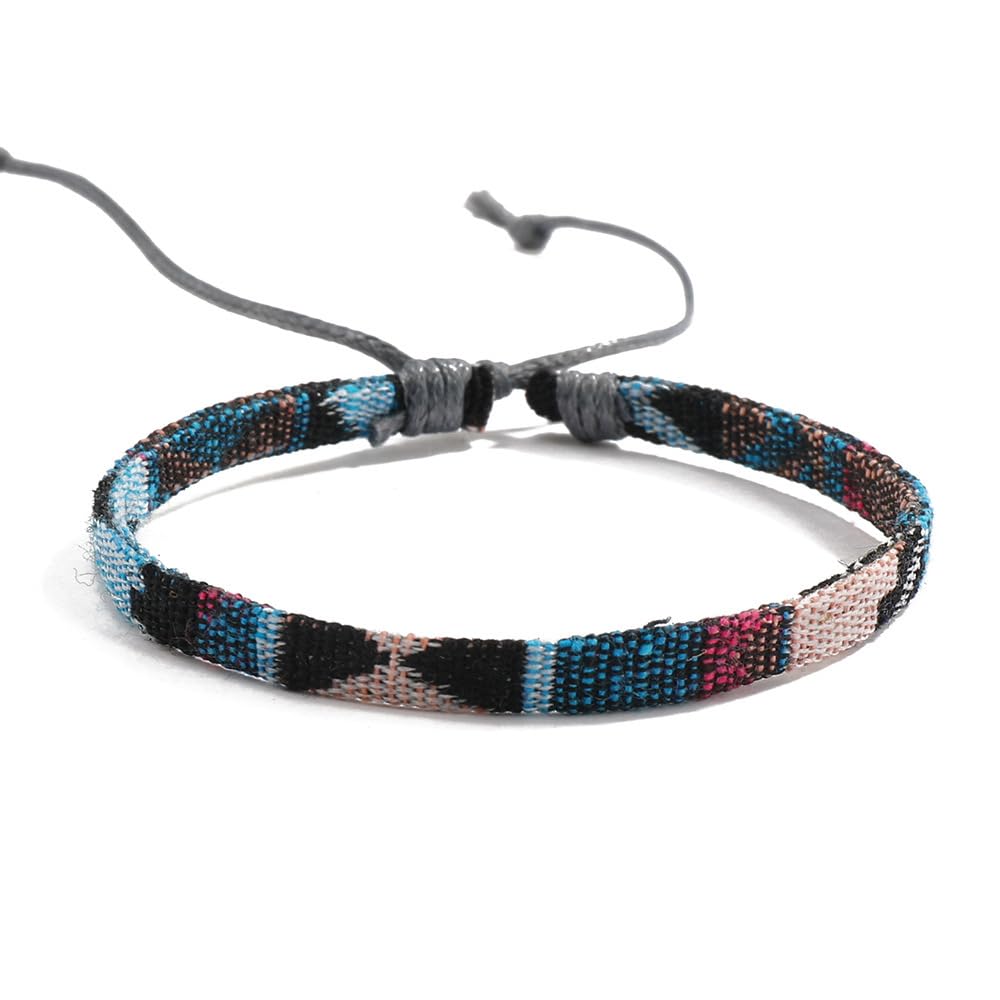 Triple k&s Boho Surfer Bracelet Men & Women - Handmade Beach Festival Accessories - Aztec Ribbon Ethnic Style - Men Women Beaded Bracelet - 100% Waterproof (Black & Teal Stripes)