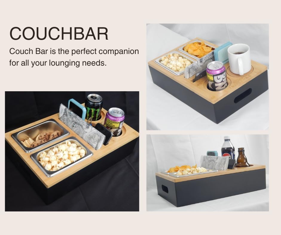 TRIPLE K&S Wooden Couchbar Organizer with Stainless Steel Snackbox - Snackbar Couch Butler Tray with Coasters and Bottle Holder - SofaBar Serving Tray for Drinks and Snacks snagger