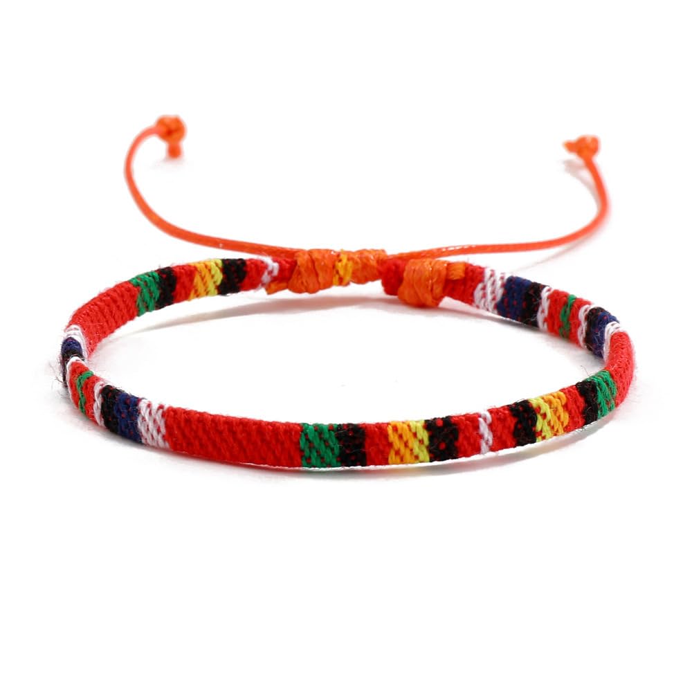 Triple k&s Boho Surfer Bracelet Men & Women - Handmade Beach Festival Accessories - Aztec Ribbon Ethnic Style - Men Women Beaded Bracelet - 100% Waterproof (Orange & Red Stripes)