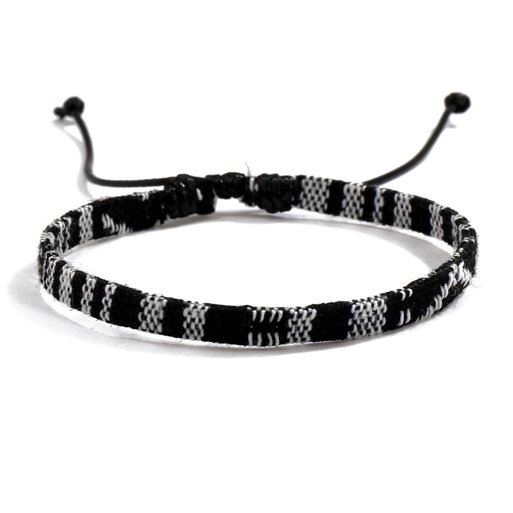 Triple k&s Boho Surfer Bracelet Men & Women - Handmade Beach Festival Accessories - Aztec Ribbon Ethnic Style - Men Women Beaded Bracelet - 100% Waterproof (Black & White Stripes)