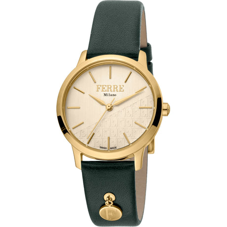 Ferrè Milano Lady watch Women's watch Quartz watch Analog watch Stainless steel watch Yellow gold watch Green leather watch Champagne dial watch Swiss-made movement Fashion watch Sophisticated watch Classic watch Modern watch