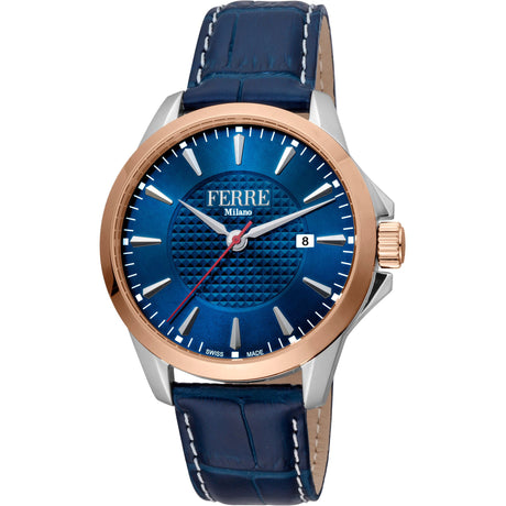 Ferrè Milano Gent watch Men's watch Quartz watch Analog watch Date watch Stainless steel watch Rose gold watch Blue dial watch Leather strap watch Swiss-made movement Fashion watch Sophisticated watch Classic watch Versatile watch  pen_spark Cohesive color scheme Timeless design Masculine aesthetic