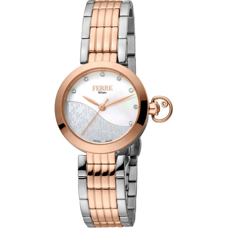 Ferrè Milano Lady watch Women's watch Quartz watch Analog watch Stainless steel watch Rose gold watch Mother-of-pearl dial watch Antique white dial watch Metal bracelet watch Swiss-made movement Fashion watch Sophisticated watch Classic watch Delicate watch Modern twist Iridescent watch Unique watch