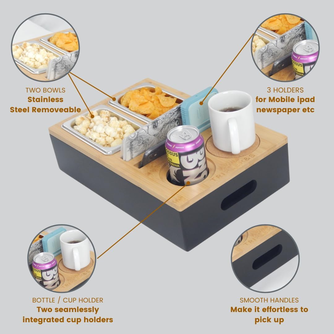 TRIPLE K&S Wooden Couchbar Organizer with Stainless Steel Snackbox - Snackbar Couch Butler Tray with Coasters and Bottle Holder - SofaBar Serving Tray for Drinks and Snacks snagger