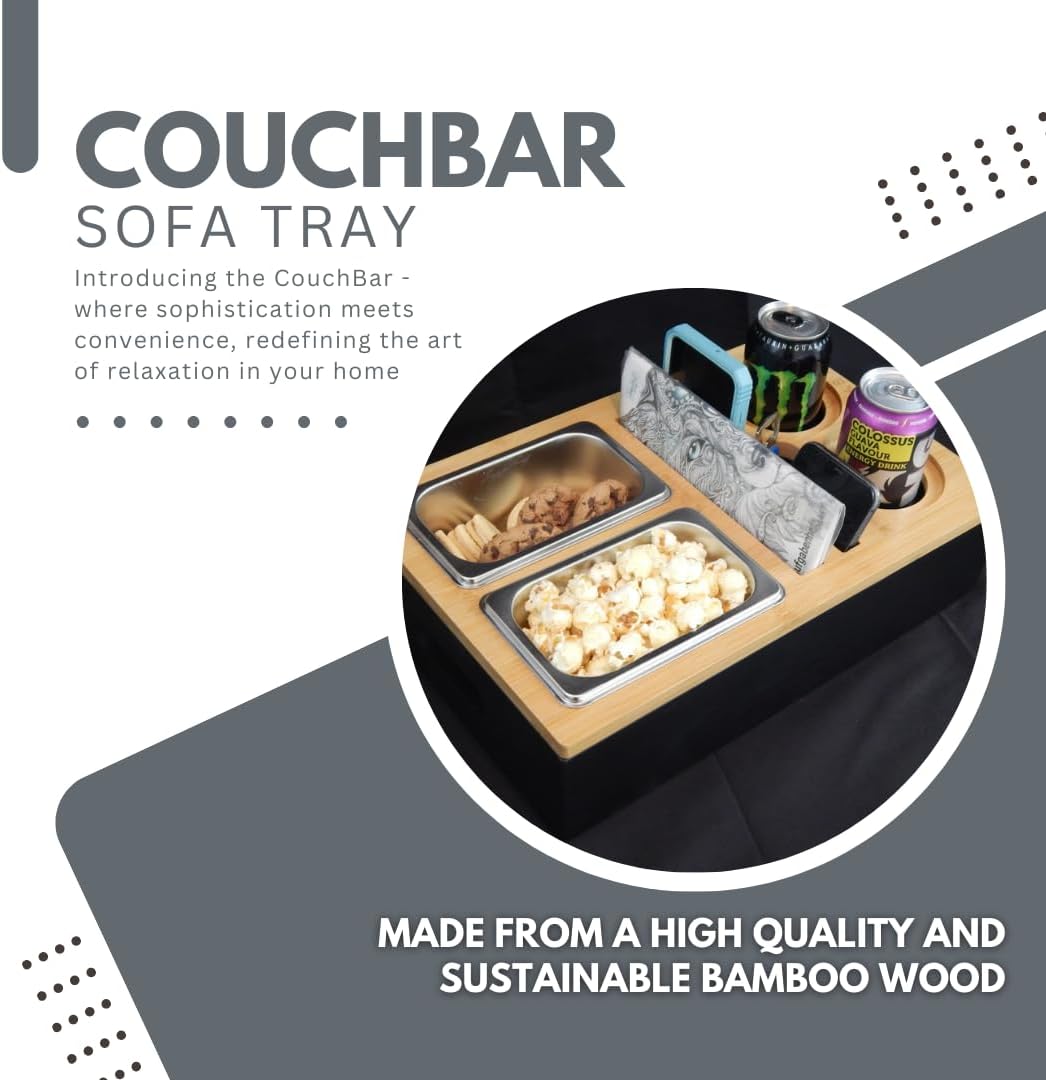 TRIPLE K&S Wooden Couchbar Organizer with Stainless Steel Snackbox - Snackbar Couch Butler Tray with Coasters and Bottle Holder - SofaBar Serving Tray for Drinks and Snacks snagger