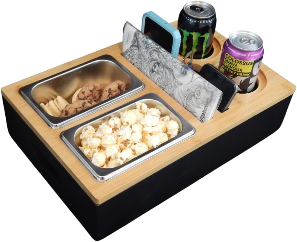 TRIPLE K&S Wooden Couchbar Organizer with Stainless Steel Snackbox - Snackbar Couch Butler Tray with Coasters and Bottle Holder - SofaBar Serving Tray for Drinks and Snacks snagger