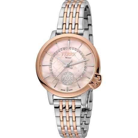 Ferrè Milano Lady watch Women's watch Quartz watch Analog watch Stainless steel watch Rose gold watch Silver grey dial watch Metal bracelet watch Swiss-made movement Fashion watch Sophisticated watch Classic watch Two-tone watch Monochromatic harmony Modern flair 