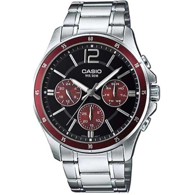 Casio watch Men's watch Chronograph watch (multifunction) Analog watch (easy-to-read display) Stainless steel watch Stainless steel bracelet Quartz watch (reliable movement) 43mm watch (versatile size) Deployment clasp (secure and comfortable) Date indicator 5 ATM water resistance Comfortable watch Stylish watch Sophisticated watch Modern watch Sporty watch (due to chronograph) Everyday watch