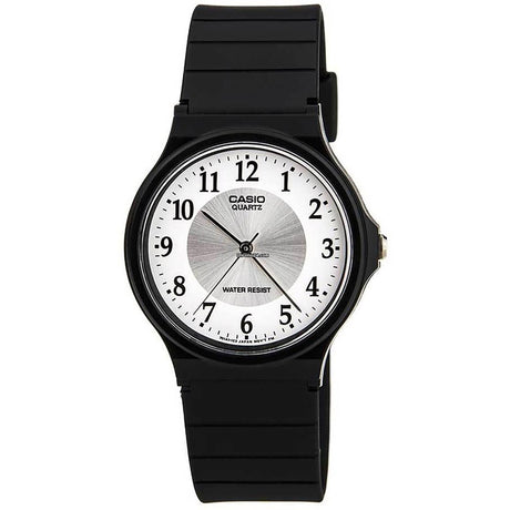 Casio watch Men's watch Classic watch (simple and affordable) Everyday watch Analog watch (easy-to-read display) Plastic watch (lightweight) Plastic strap (comfortable and colorful) Quartz watch (reliable movement) 34mm watch Buckle closure Plexiglas crystal 3 ATM water resistant