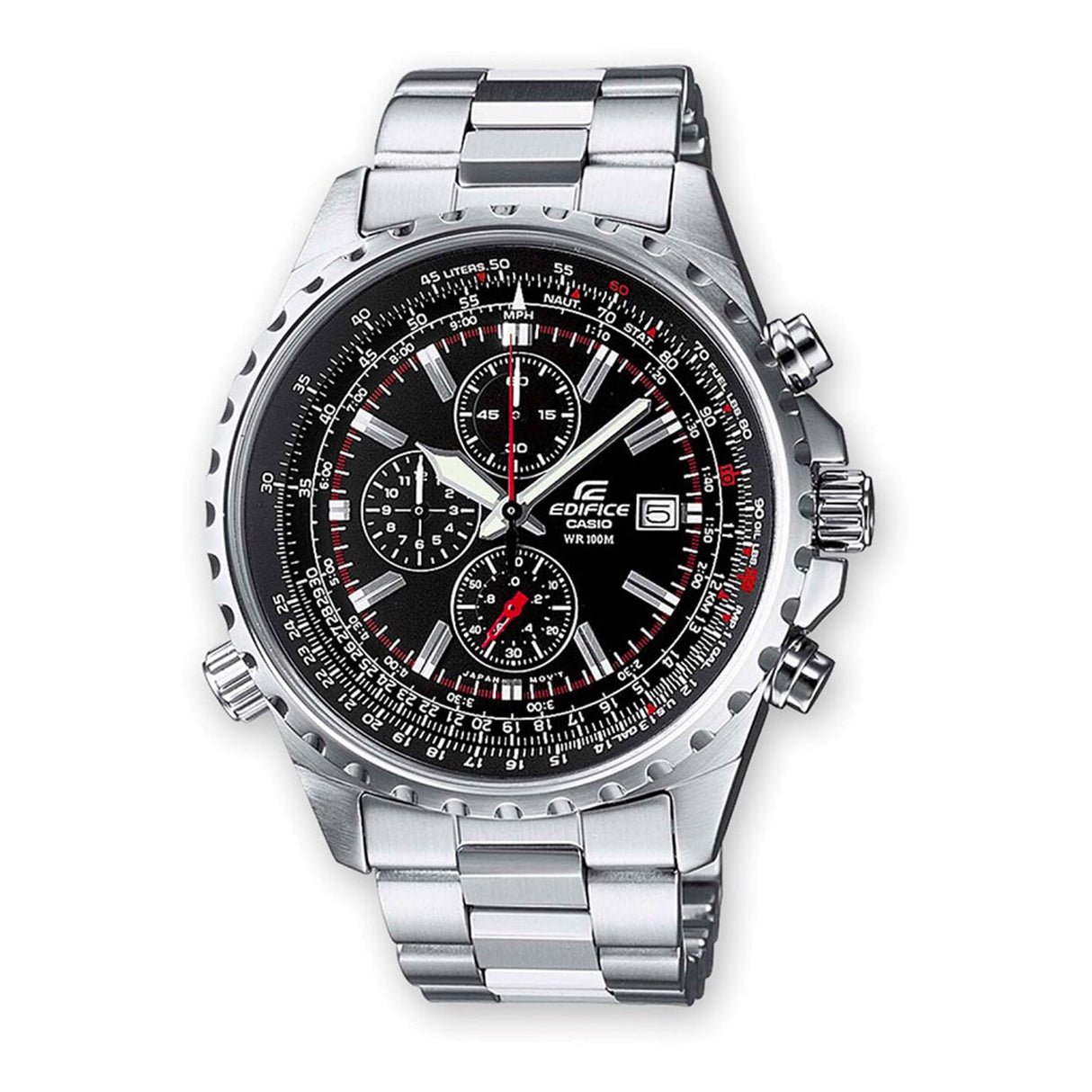 Casio Edifice Chronograph Stainless Steel Case & Bracelet Silver Grey Finish 45mm Case Size Quartz Movement Chronograph Functionality Date Display Sapphire Crystal (Optional - If featured) Water Resistant (Optional - If featured) Blue Dial Casual Style Sophisticated Design Original Packaging