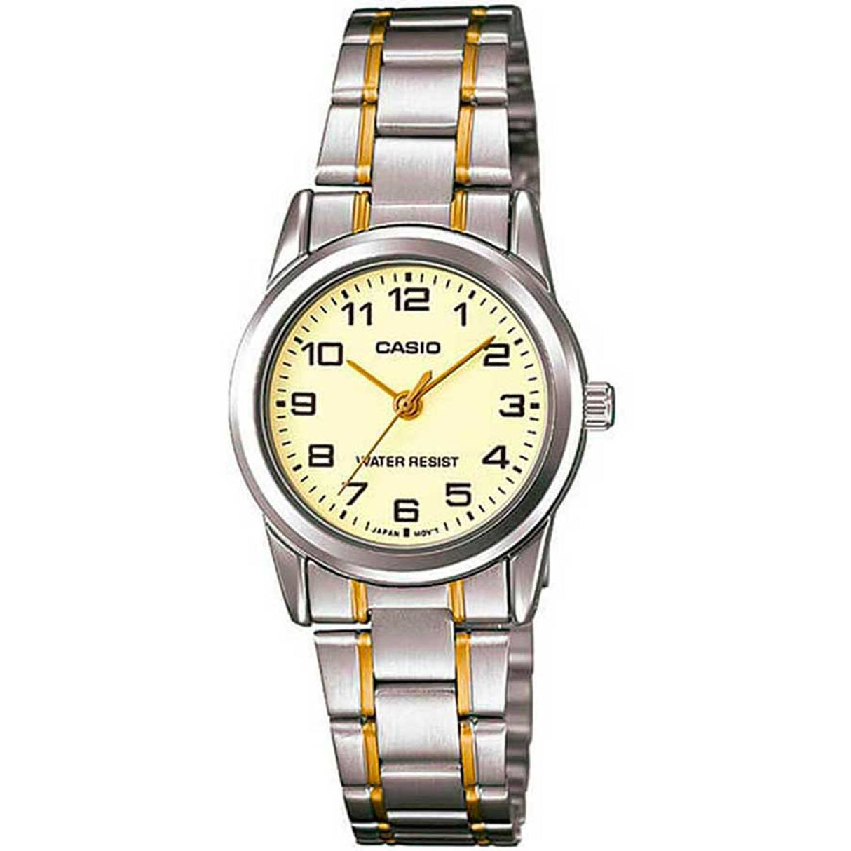 Casio women's watch 25mm case size Three-hand analog display Quartz movement Stainless steel strap Deployante clasp Classic design Easy to read Durable Original packaging (gift-ready)