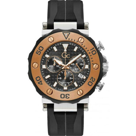 GUESS watch Collection Chronograph Men's watch Swiss Ronda 5030D quartz movement Chronograph Stopwatch Date window Stainless steel case Silver grey Black dial Black silicone strap Fashion watch Sporty style