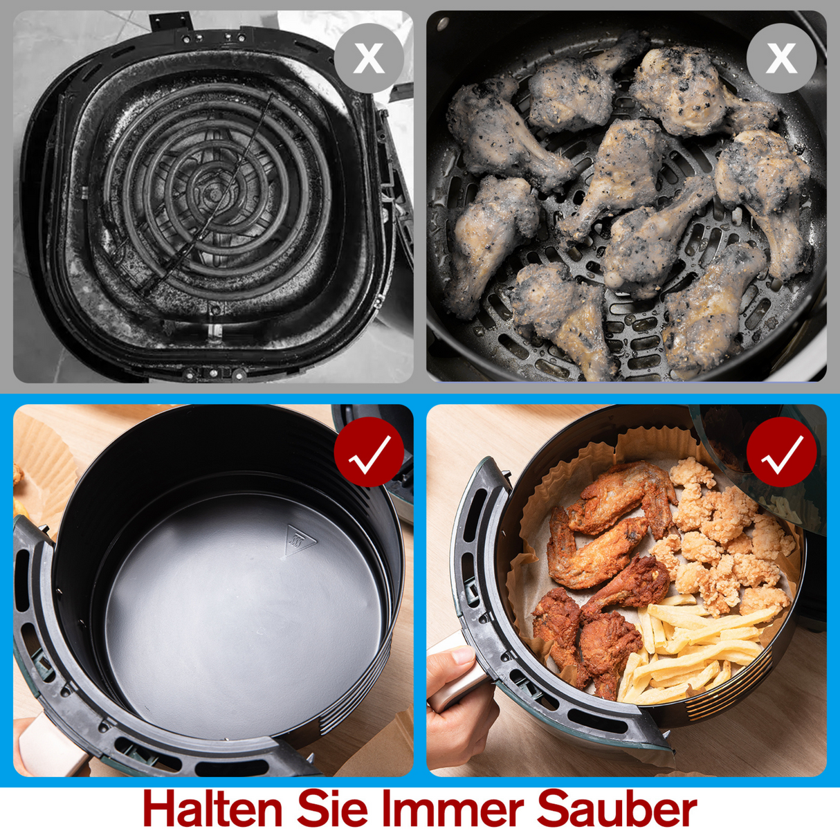 TRIPLE K&S Airfryer Backpapier Liners 100 Pcs 7,5-10L Non-Stick Parchment Paper, Kompatibel mit Russell Hobbs, Cecotec, Princess XXL Air Fryer (100 Stücke 23x23cm)
