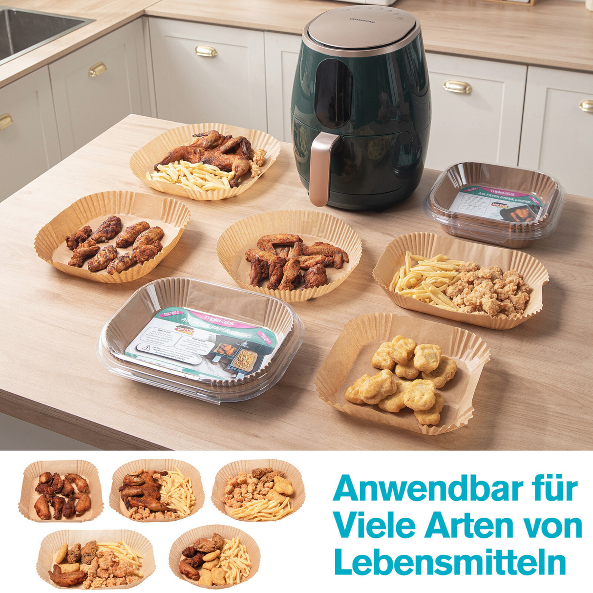 TRIPLE K&S Airfryer Backpapier Liners 100 Pcs 7,5-10L Non-Stick Parchment Paper, Kompatibel mit Russell Hobbs, Cecotec, Princess XXL Air Fryer (100 Stücke 23x23cm)