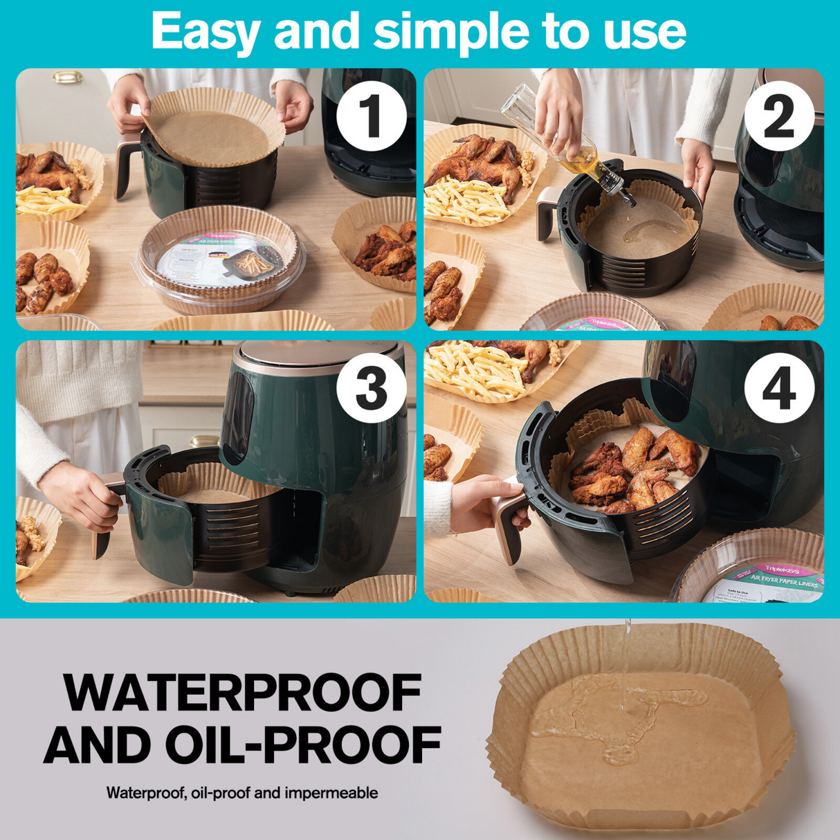 TRIPLE K&S Airfryer Backpapier Liners 100 Pcs 7,5-10L Non-Stick Parchment Paper, Kompatibel mit Russell Hobbs, Cecotec, Princess XXL Air Fryer (100 Stücke 23x23cm)