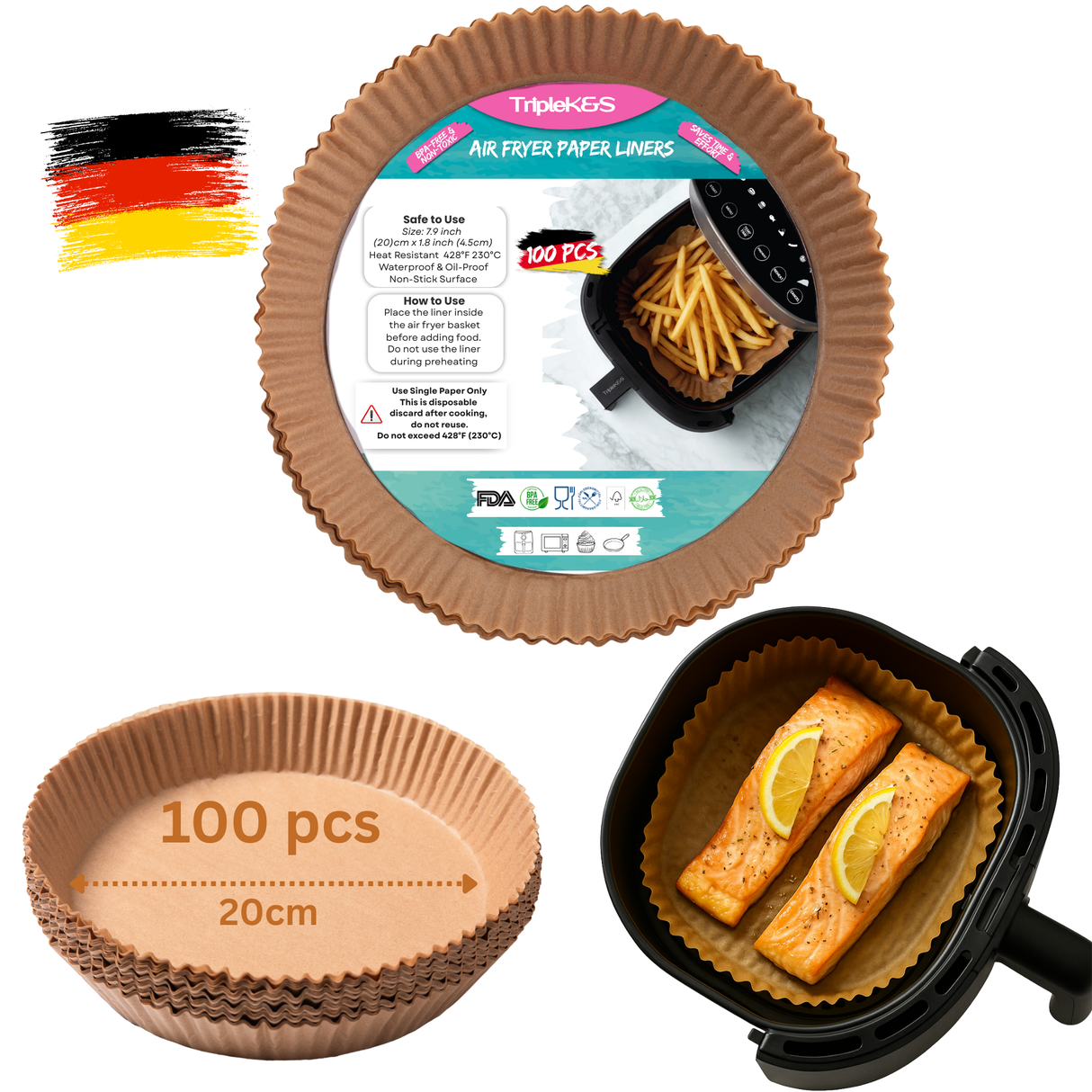 TRIPLE K&S Airfryer Backpapier für Heißluftfritteuse 100 Pcs XL 4–6,5L Round Non-Stick Parchment Paper, Air Fryer (100 Stücke Rund 20cm)