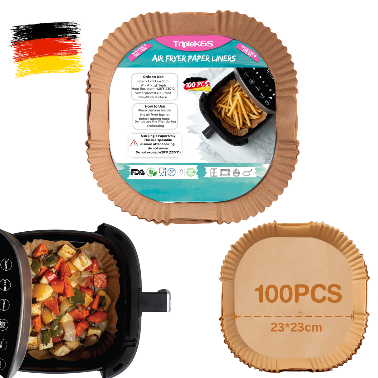 TRIPLE K&S Airfryer Backpapier Liners 100 Pcs 7,5-10L Non-Stick Parchment Paper, Kompatibel mit Russell Hobbs, Cecotec, Princess XXL Air Fryer (100 Stücke 23x23cm)