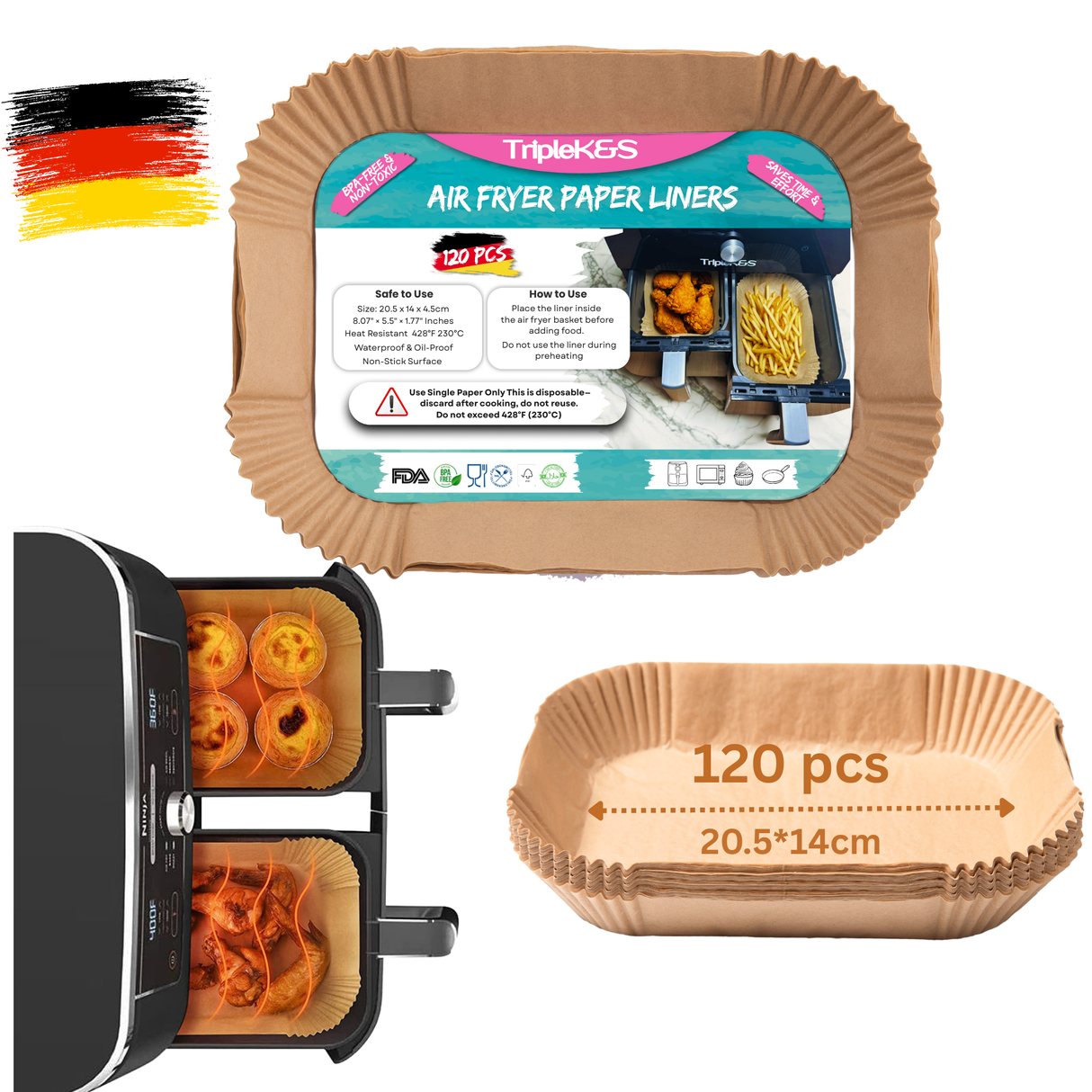 Triple k&s Airfryer Backpapier Kompatibel mit Ninja AF300EU AF400EU SL400EU AF500EU, Andere Heißluftfritteuse Airfryer (120 Stücke 20.5x14m)