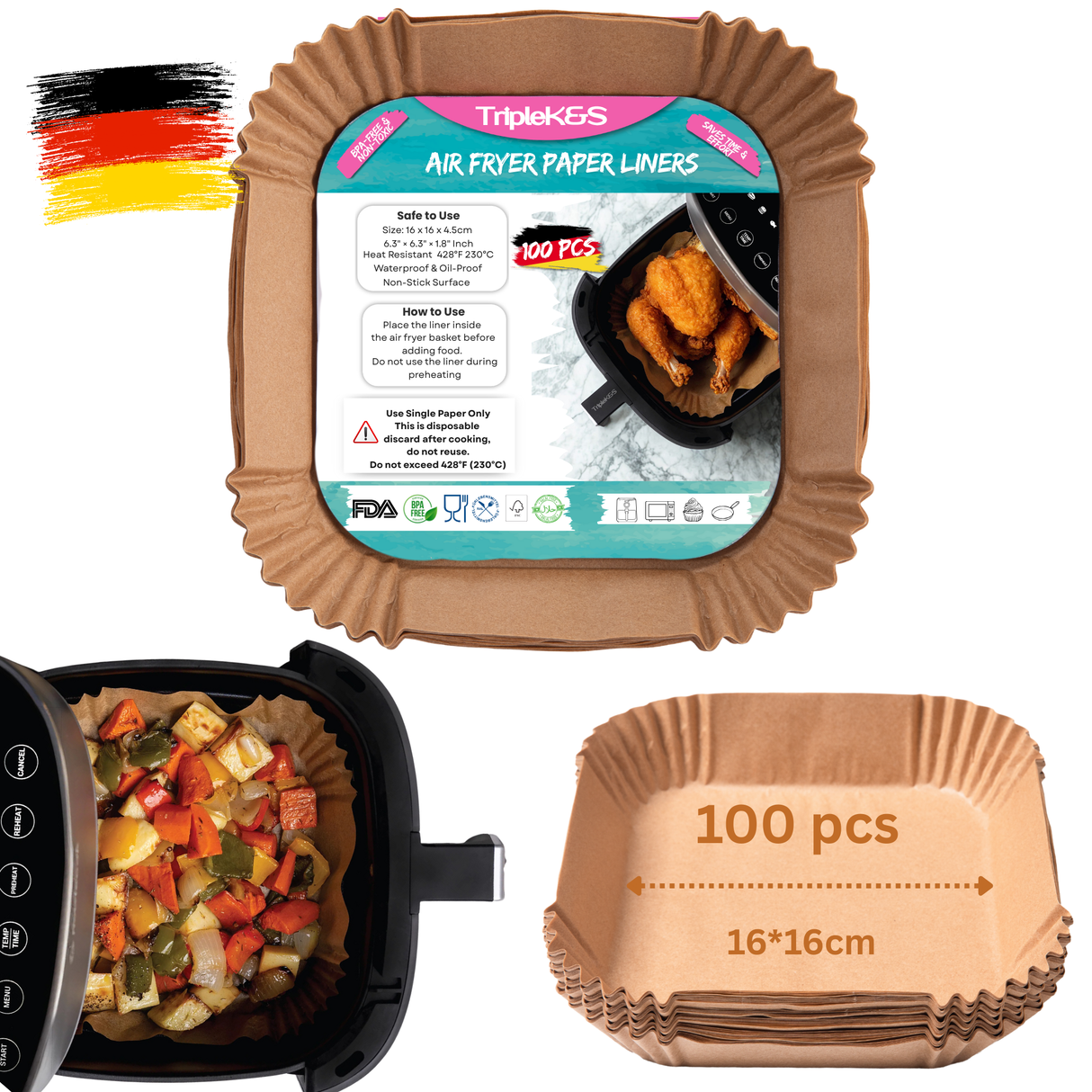 TRIPLE K&S Airfryer Backpapier Liners 100 Pcs 2-4,1L Non-Stick Parchment Paper, compatible with Xiaomi Philips Cosori Airfryer (100 Stücke 16x16cm)