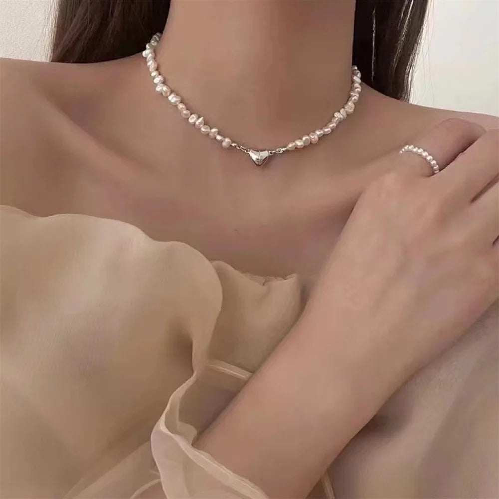 IFMIA Korean Fashion Pearl Chain Choker Necklace for Women Girls 2022 Trend Jewelry Heart Pendant Necklace Bridal Engagement