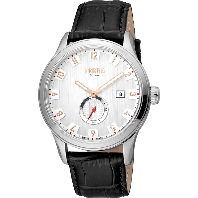 Ferrè Milano Gent watch Men's watch Quartz watch Analog watch Date watch Stainless steel watch Silver grey watch Black leather strap watch Swiss-made movement Fashion watch Sophisticated watch Classic watch Versatile watch Monochromatic color scheme Understated luxury Masculine look