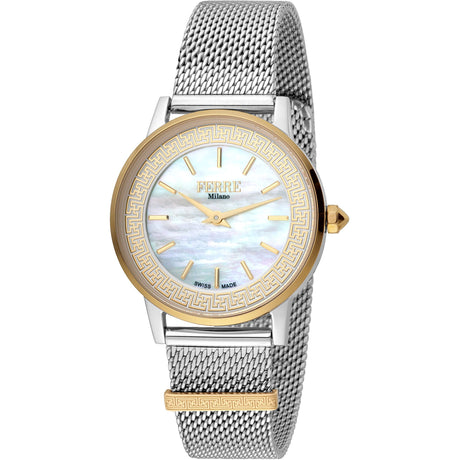 Ferrè Milano Lady watch Women's watch Quartz watch Analog watch Stainless steel watch Yellow gold watch Mother-of-pearl dial Antique white dial Metal bracelet watch Swiss-made movement Fashion watch Sophisticated watch Classic watch Delicate watch Luminous beauty Iridescent Natural pearl Timeless elegance