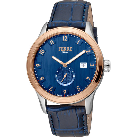 Ferrè Milano Gent watch Men's watch Quartz watch Analog watch Date watch Stainless steel watch Rose gold watch Blue dial watch Leather strap watch Swiss-made movement Fashion watch Sophisticated watch Classic watch Versatile watch Warm and cool toned contrast Timeless design