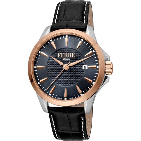 Ferrè Milano Gent watch Men's watch Quartz watch Analog watch Date watch Stainless steel watch Rose gold watch Mouse grey dial watch Leather strap watch Swiss-made movement Fashion watch Sophisticated watch Classic watch Versatile watch Warm and cool toned contrast Masculine look