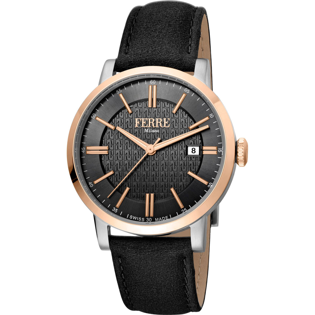 Ferrè Milano Gent watch Men's watch Quartz watch Analog watch Date watch Stainless steel watch Rose gold watch Black dial watch Leather strap watch Swiss-made movement Fashion watch Sophisticated watch Bold watch Statement piece Warm and cool toned contrast Masculine aesthetic