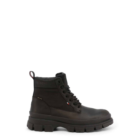 Men's hybrid fabric-leather ankle boots Weatherproof rubber-soled ankle boots Modest heel and platform ankle boots Metal-eyeleted round-toe ankle boots Durable fabric-leather blend ankle boots Textural contrast ankle boots Versatile casual-dressy ankle boots