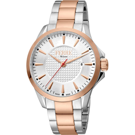 Ferrè Milano Gent watch Men's watch Quartz watch Analog watch Date watch Stainless steel watch Rose gold watch Silver grey watch Metal bracelet watch Swiss-made movement Fashion watch Sophisticated watch Classic watch Monochromatic watch Streamlined watch