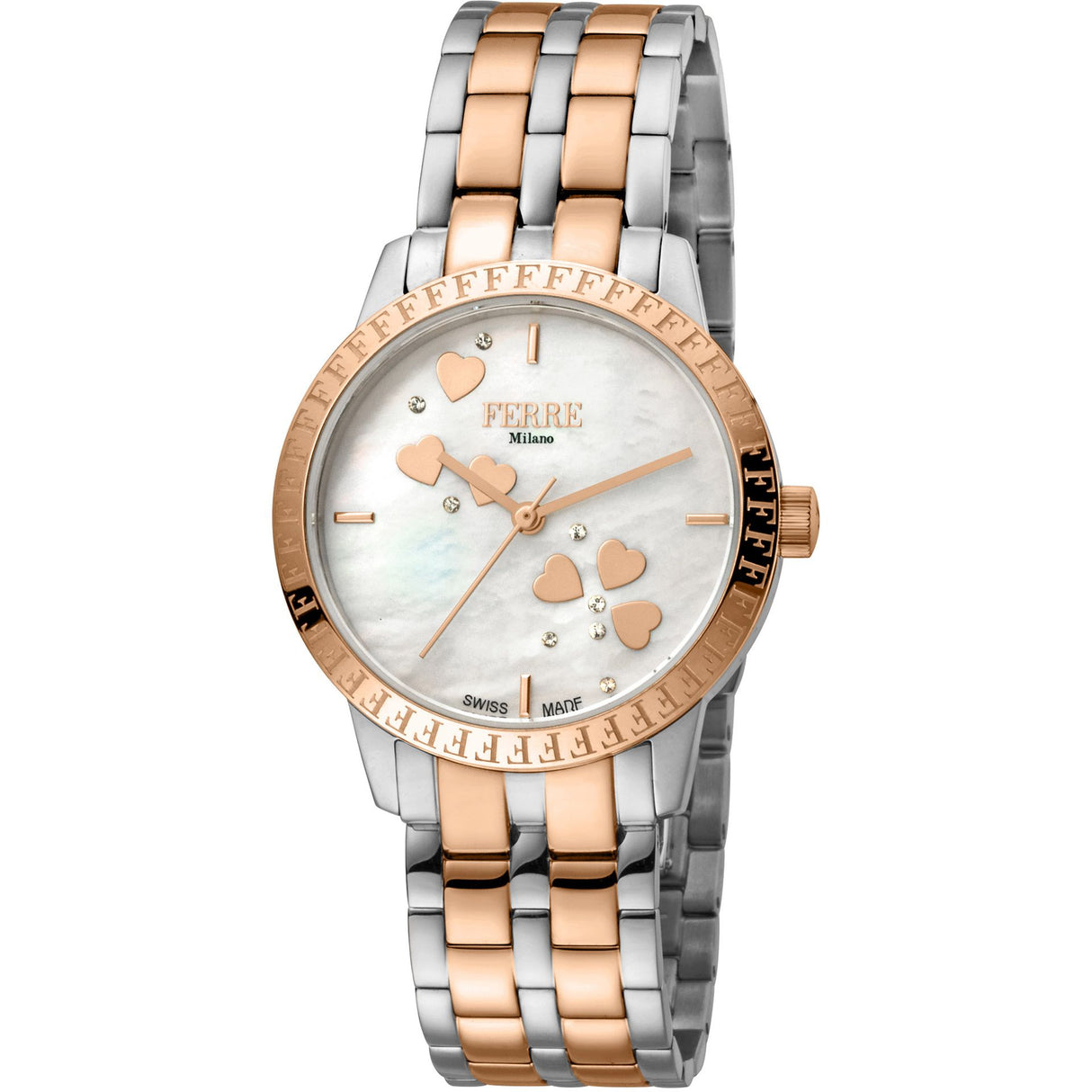 Ferrè Milano Lady watch Women's watch Quartz watch Analog watch Stainless steel watch Rose gold watch Mother-of-pearl dial watch Antique white dial watch Metal bracelet watch Swiss-made movement Fashion watch Sophisticated watch Classic watch Luxury watch Iridescent watch Unique watch