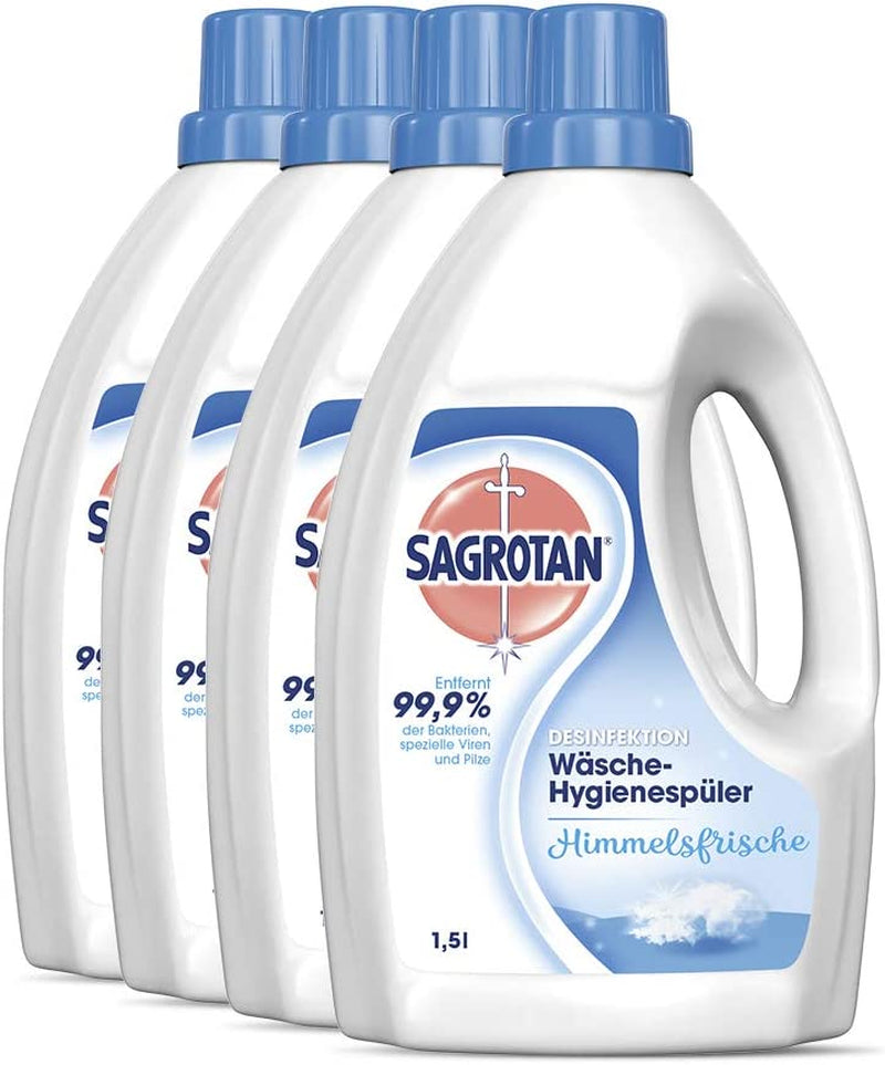 Sagrotan Wäsche-Hygienespüler Himmelsfrische – Desinfektionsspüler Für Hygienisch Saubere Und Frische Wäsche – 4 X 1,5 L Reiniger Im Praktischen Vorteilspack