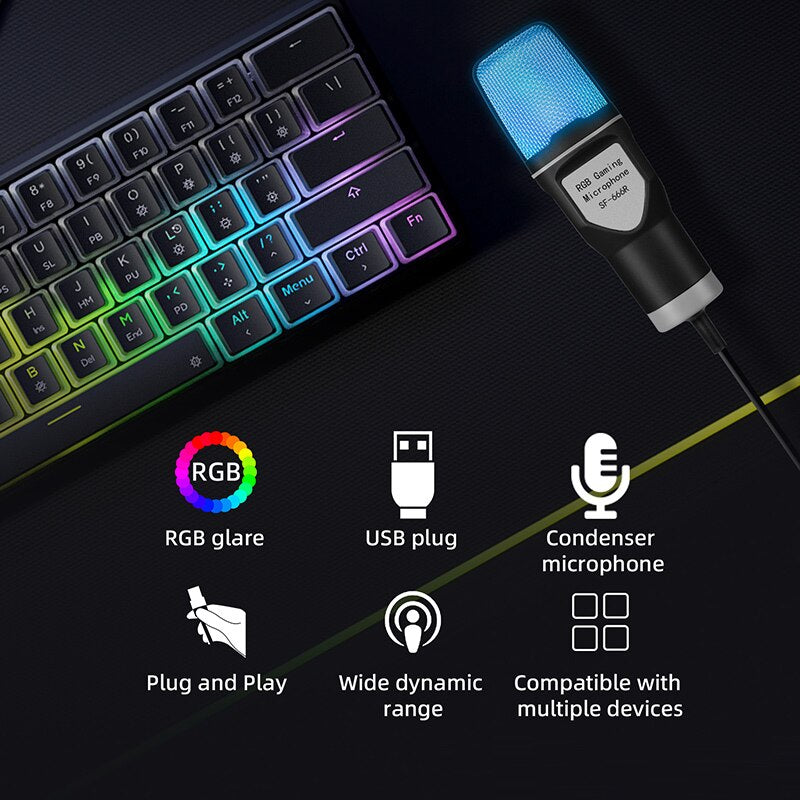 SF666R USB Microphone RGB Microfone Condensador Wire Gaming Mic for Podcast Recording Studio Streaming Laptop Desktop PC