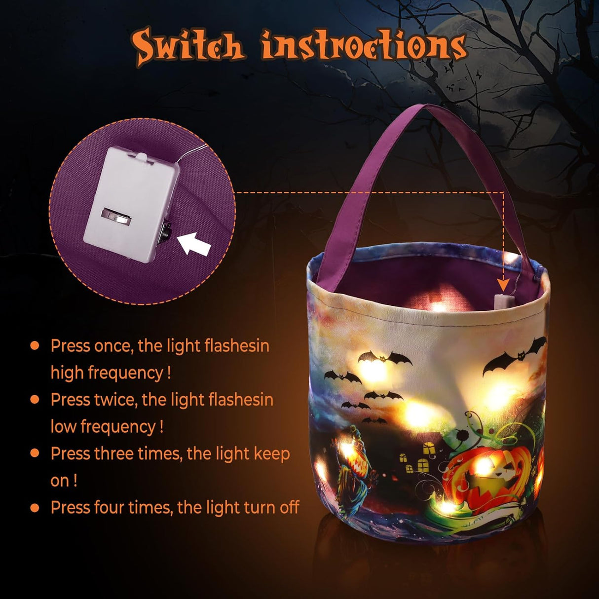 2 Stück Halloween Süßigkeiten Taschen Mit LED Lichter, Trick or Treat Behandelt Taschen, Leuchtende Süßigkeitentaschen Für Kinder Halloween Gastgeschenke Dekorationen (Lila)